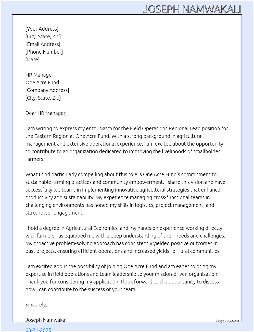  Field Operations Regional Lead -Eastern Region At One Acre Fund Cover Letter