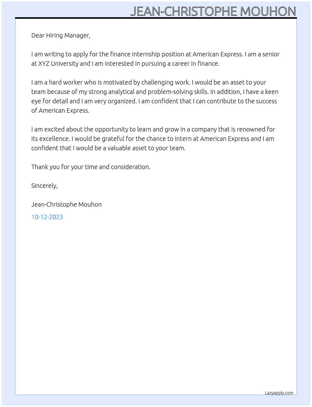 finance internship  At American Express Cover Letter