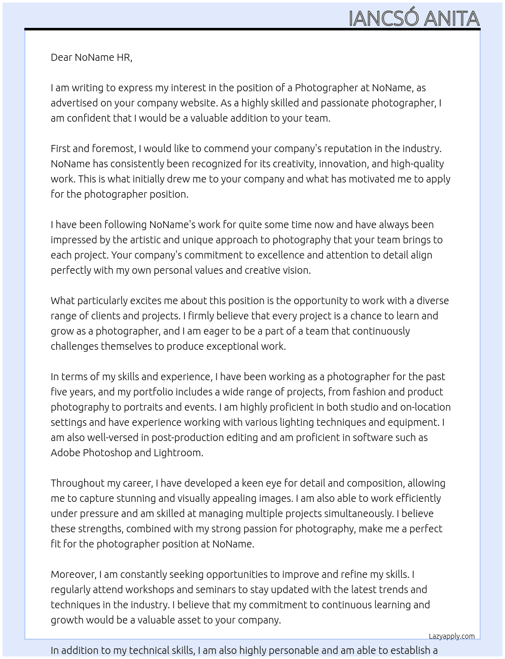 Photographer At NoName Cover Letter