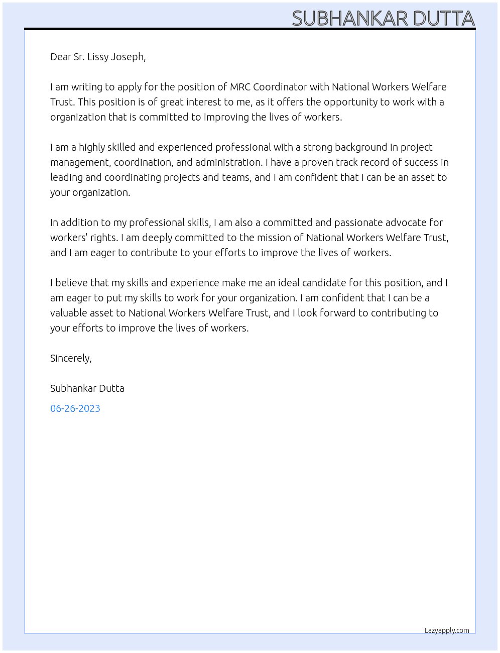 MRC Coordinator At National Workers Welfare Trust Cover Letter