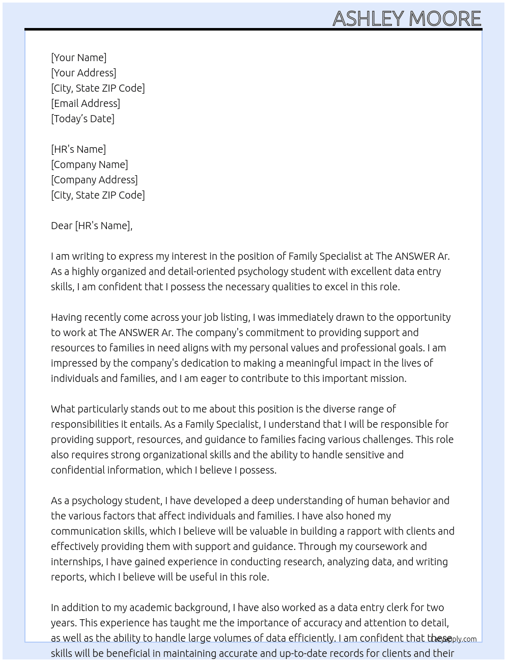 Cover letter for family specialist - LazyApply