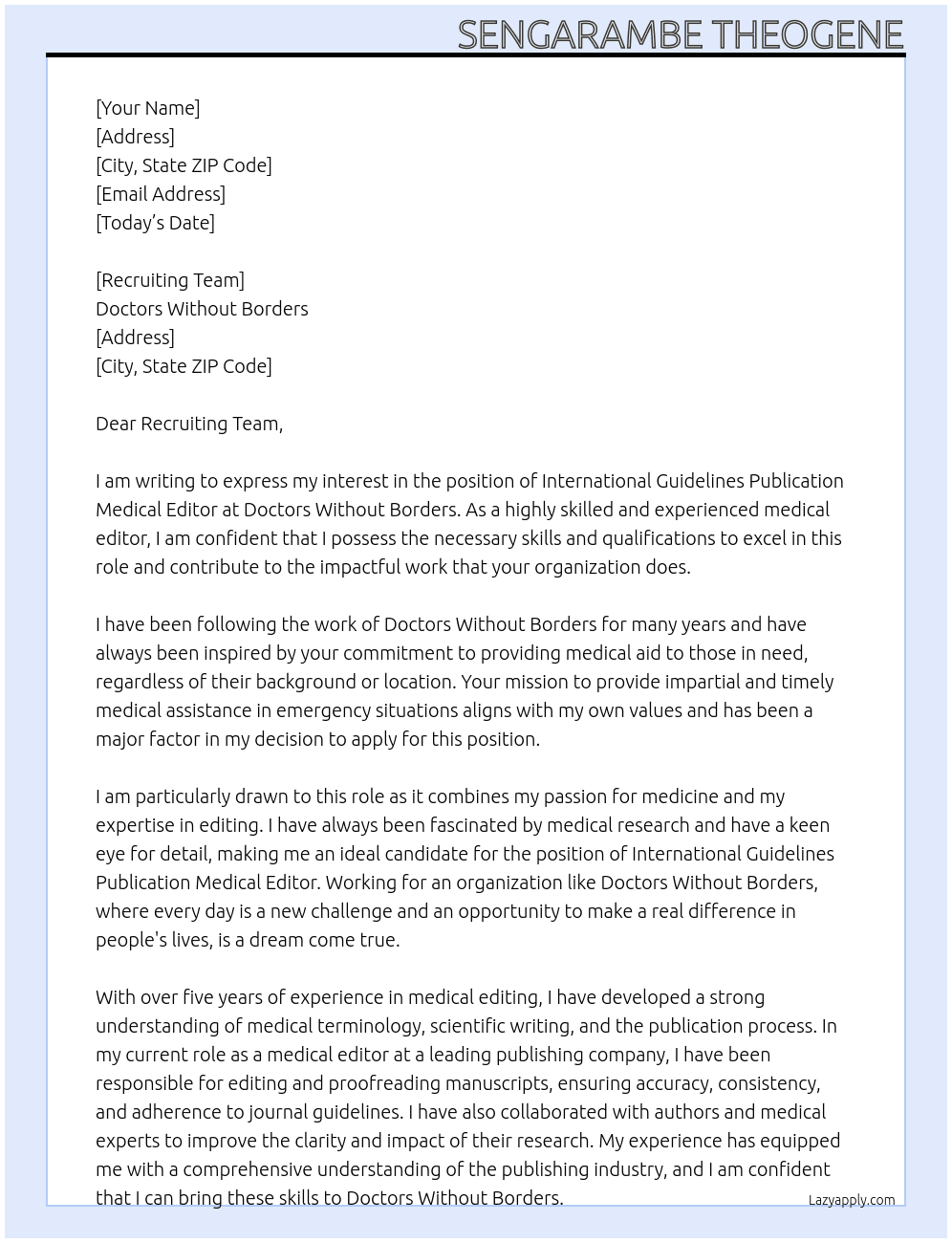 International Guidelines Publication Medical Editor At Doctors without borders Cover Letter