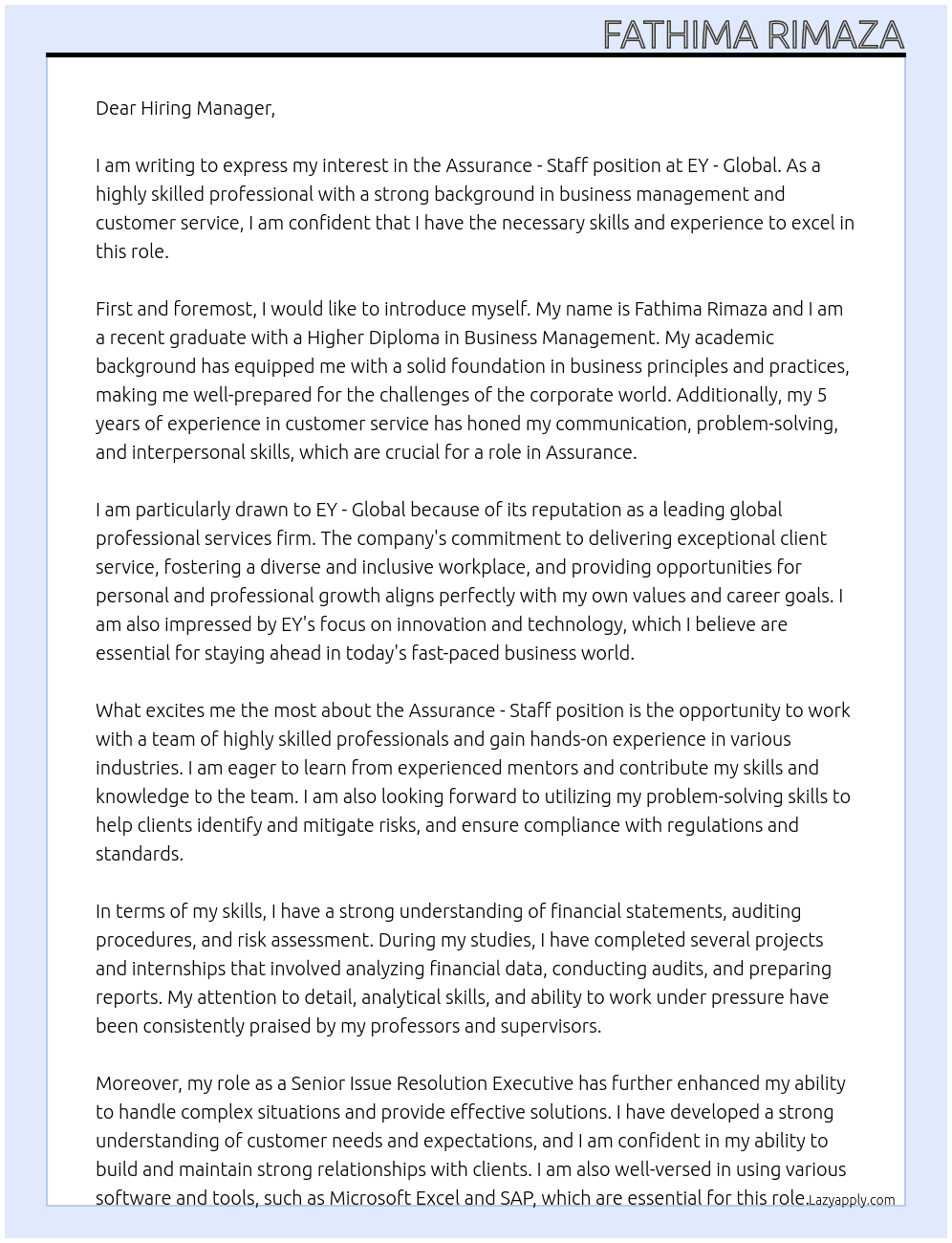 Assurance - Staff  At EY -Global Cover Letter