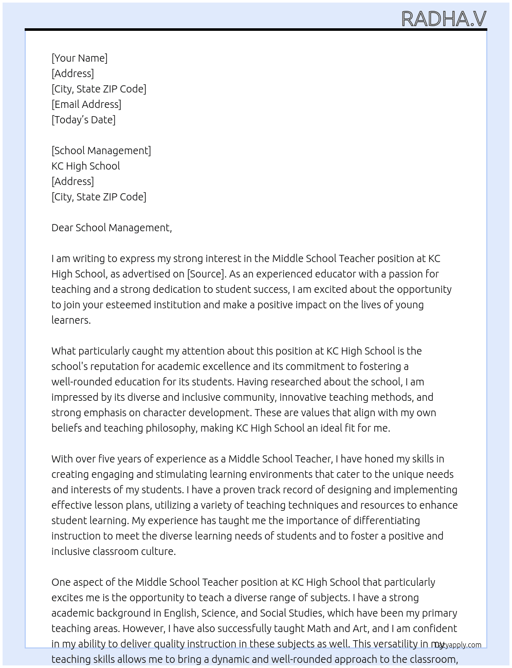 middle school teacher At KC high school Cover Letter