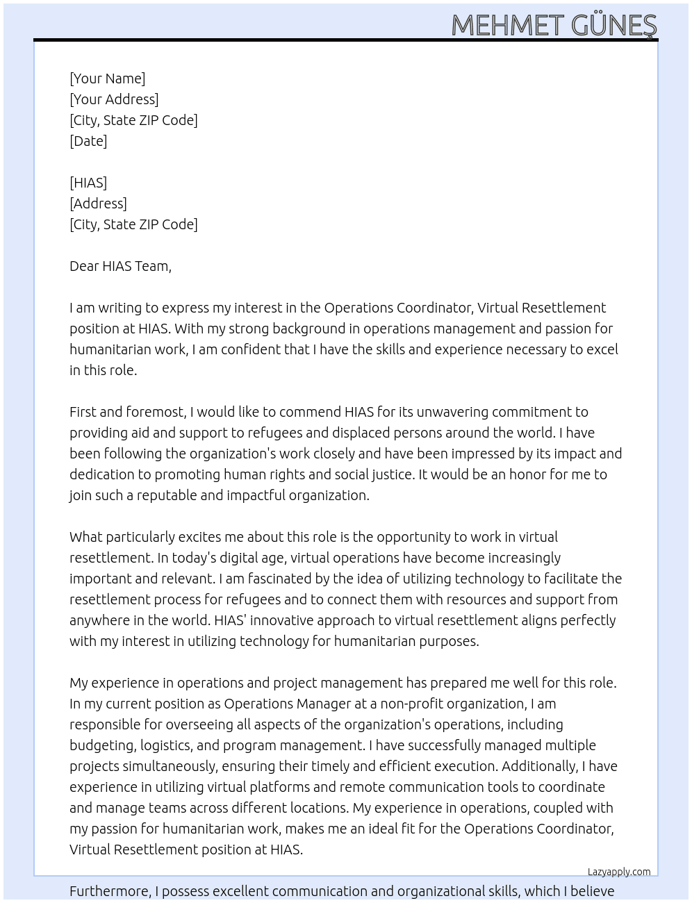 Operations Coordinator, Virtual Resettlement At HIAS Cover Letter