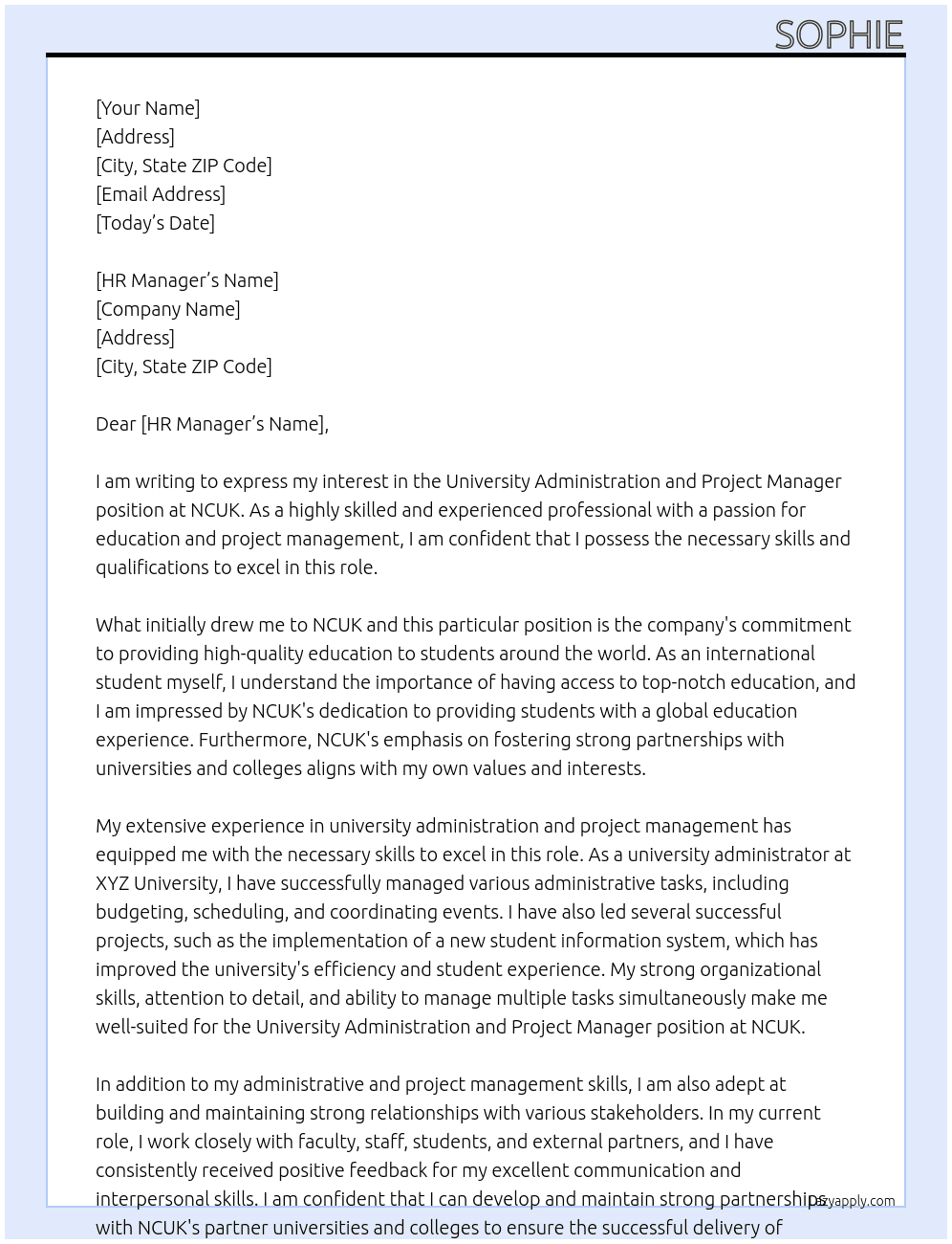 University administration and project manager  At NCUK Cover Letter
