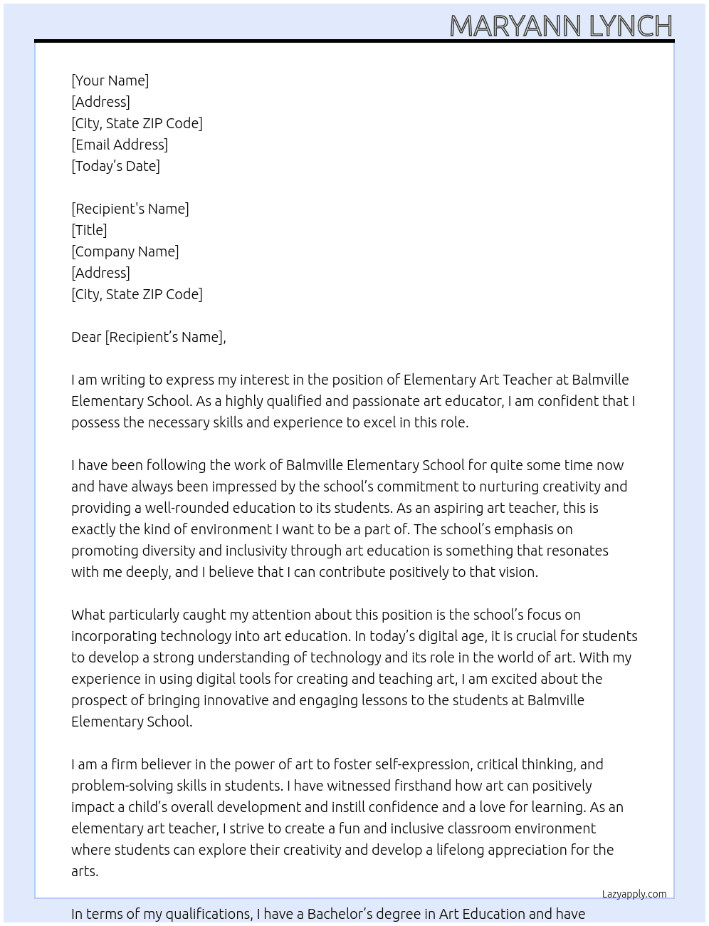 Elementary Art Teacher At Balmville Elementary School Cover Letter