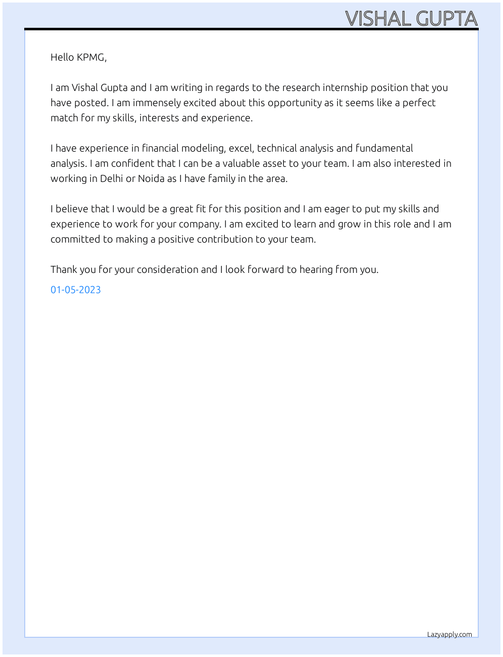 Research internship  At KPMG Cover Letter