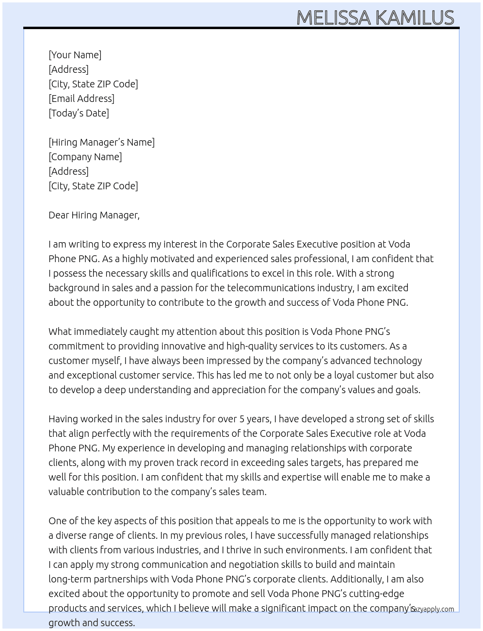 Corporate Sales Executives  At Voda Phone PNG  Cover Letter