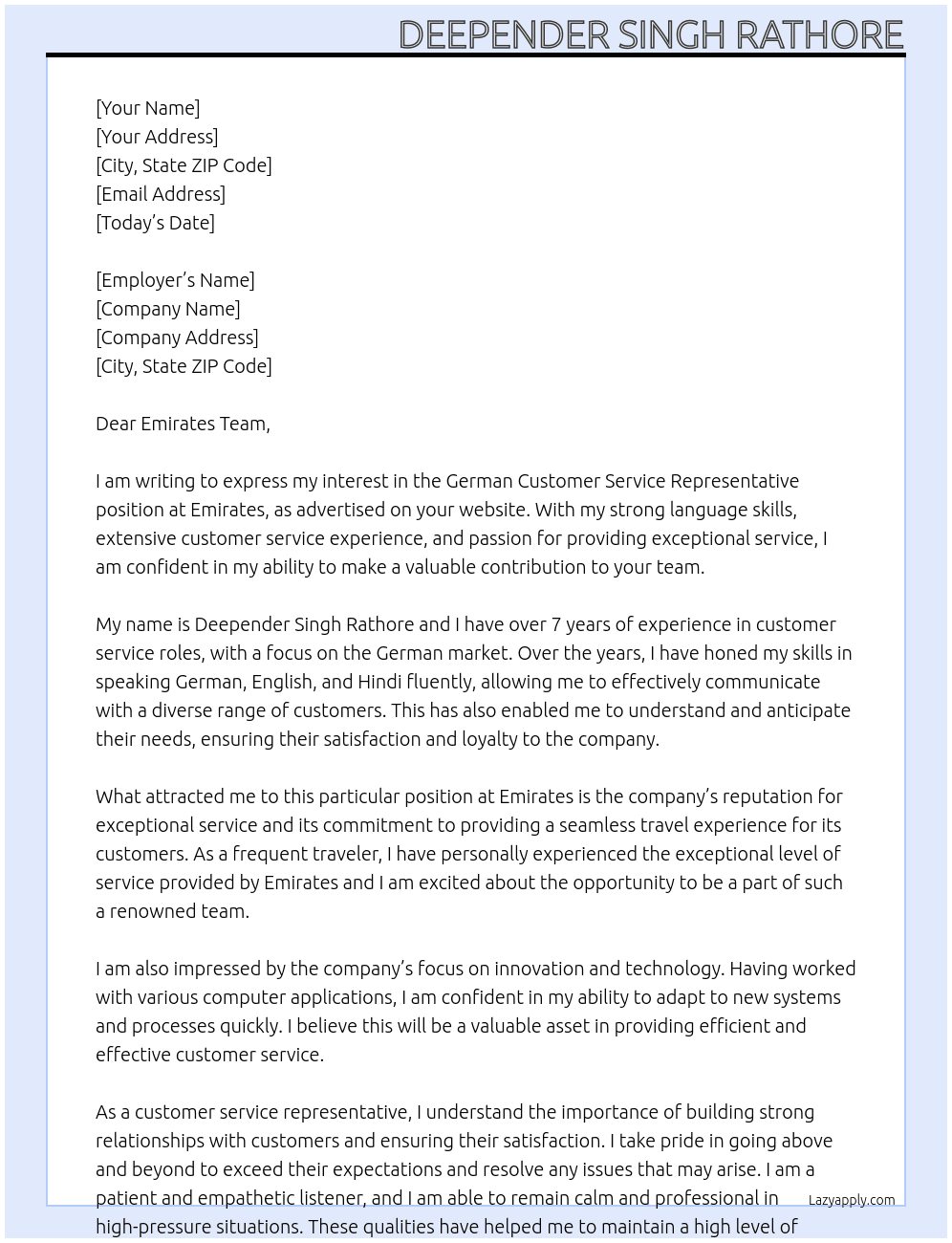 German Customer service representative At Emirates Cover Letter