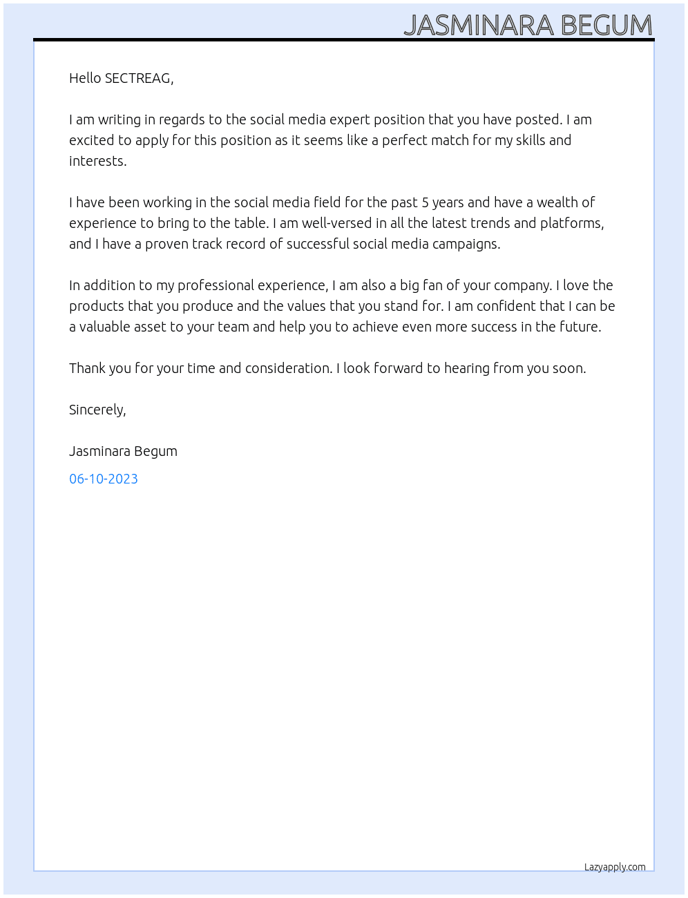 SOCIAL MEDIA EXPERT At ASSAM SECTRIA Cover Letter