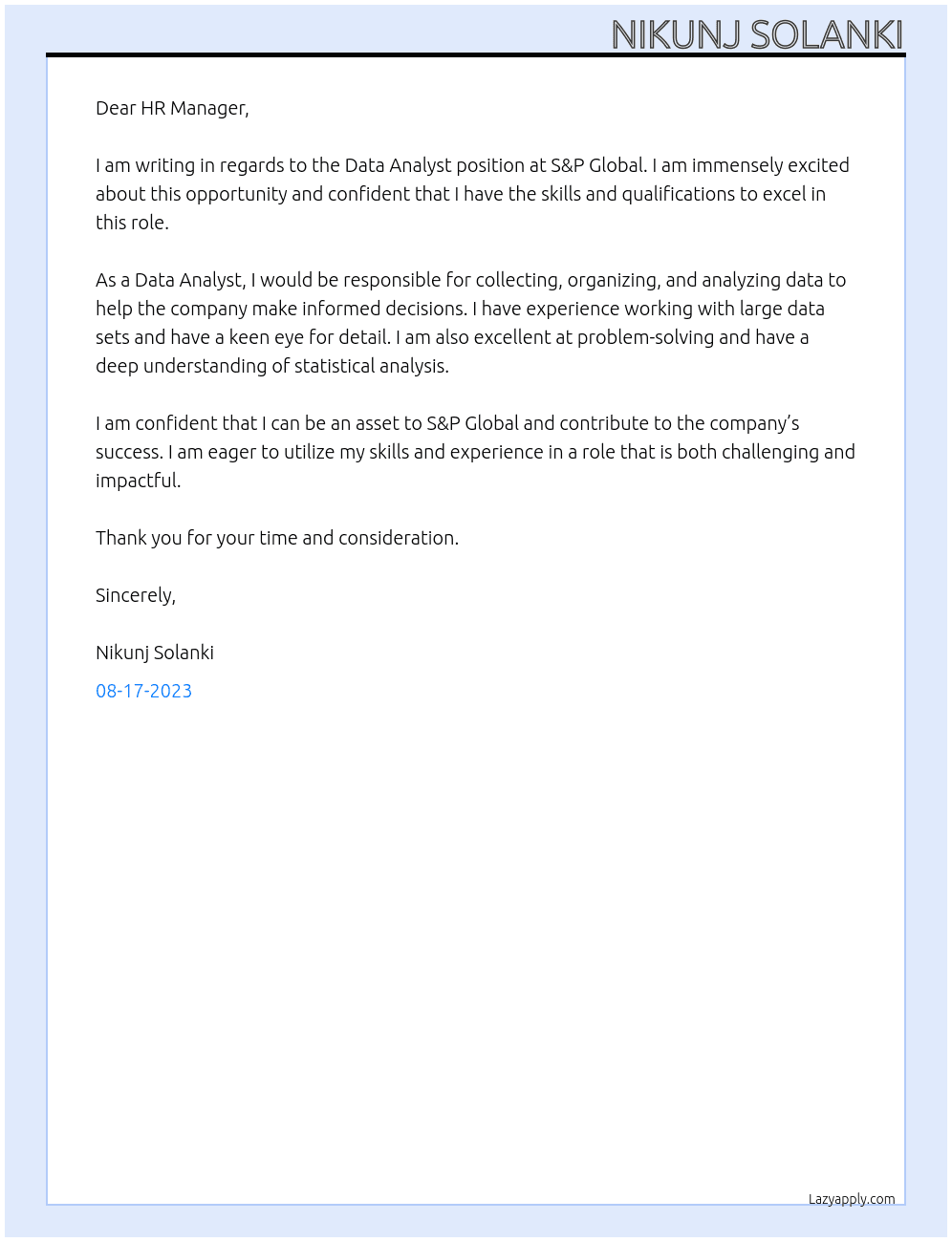 data analyst At S & P Global Cover Letter