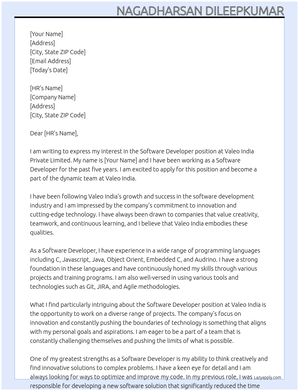 Software Developer At Valeo India Private Limited Cover Letter