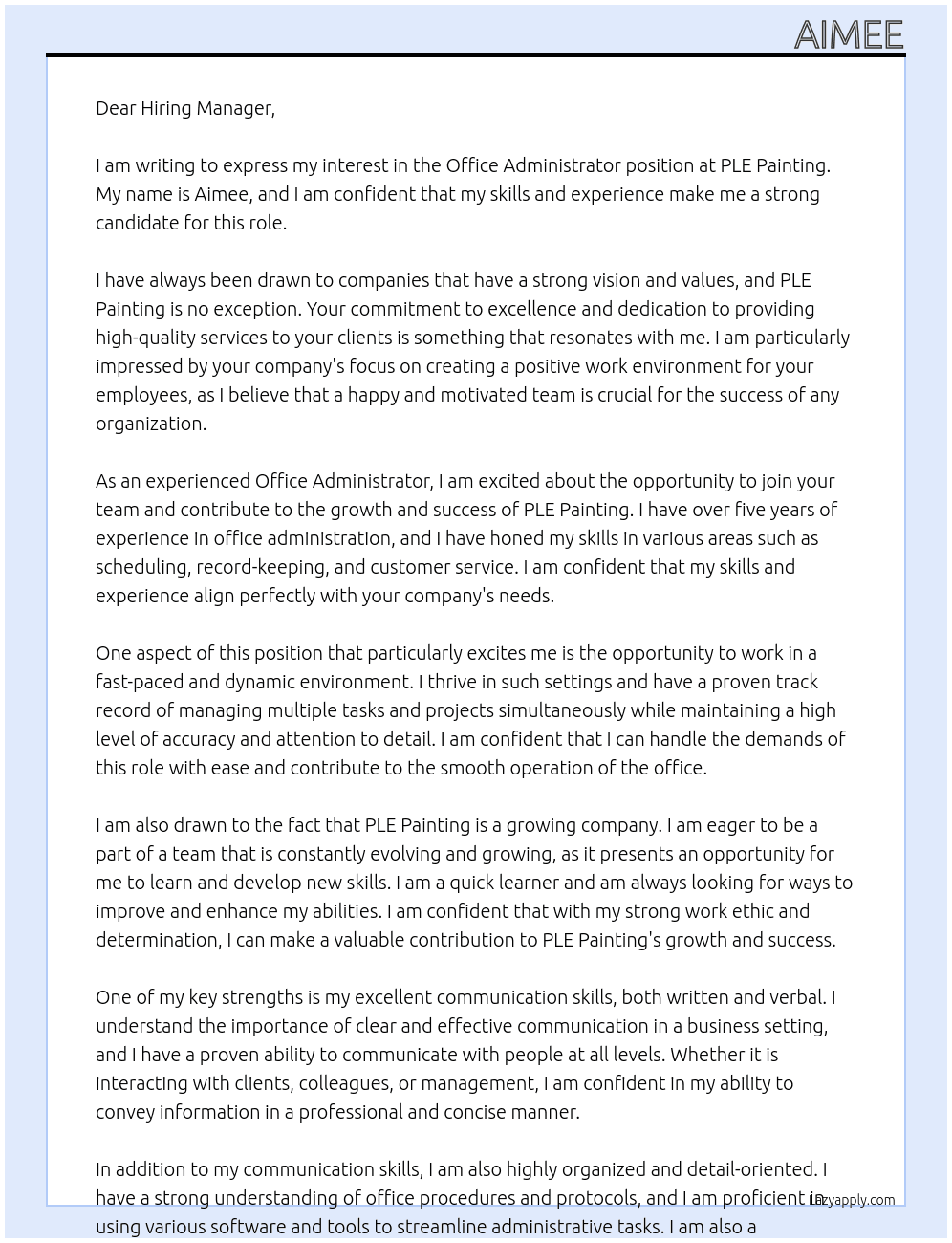 Office Administrator At PLE Painting  Cover Letter