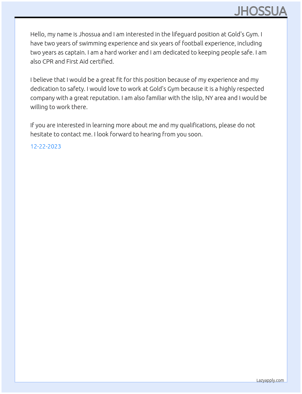 lifeguard At Gold gym Cover Letter