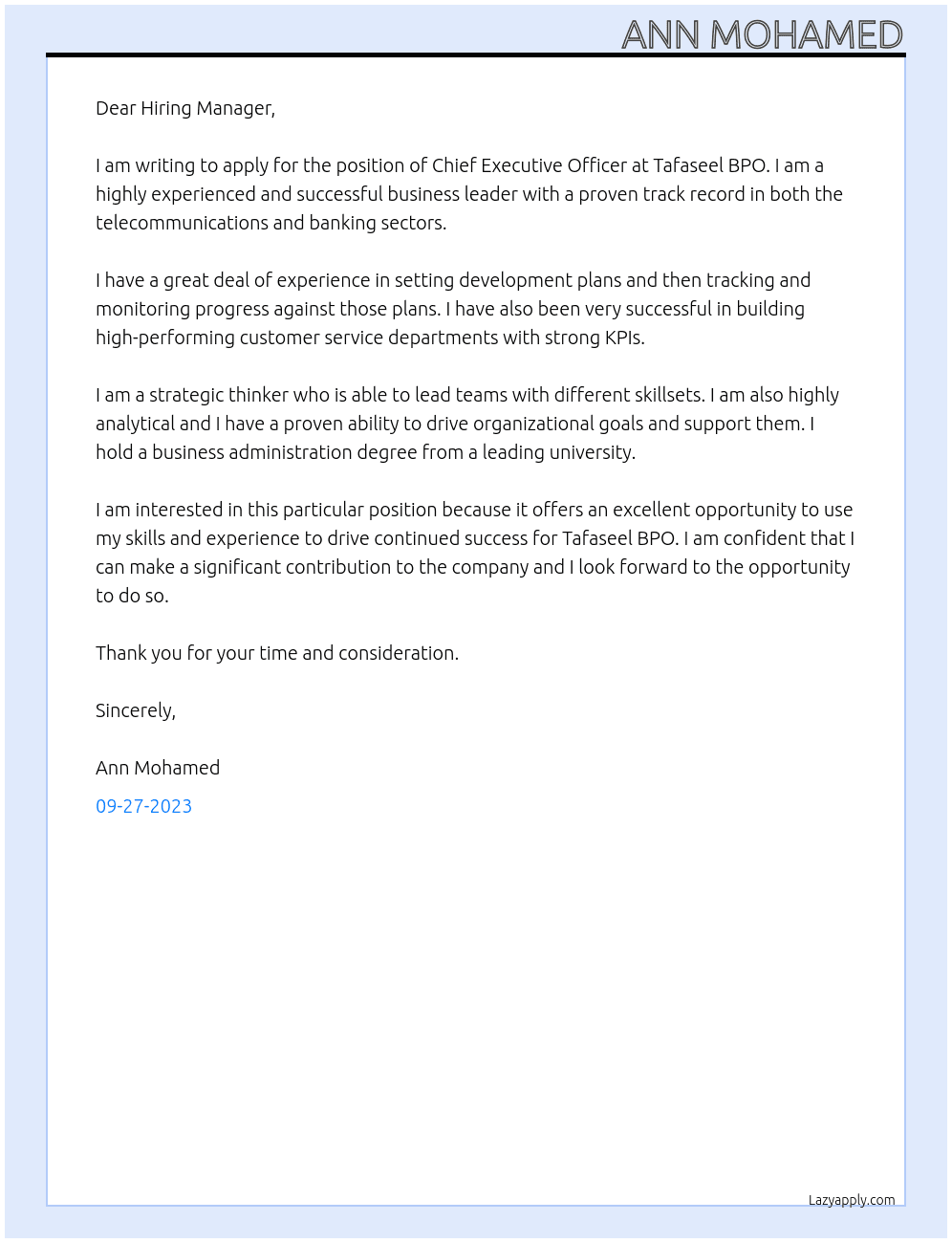 Chief Executive Officer At Tafaseel BPO Cover Letter