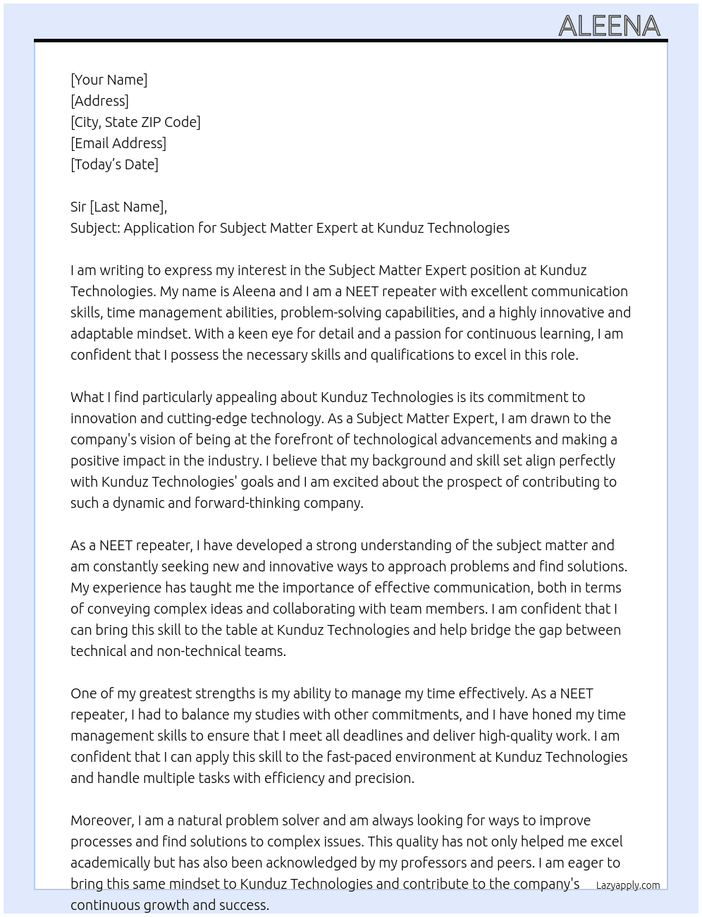 Subject Matter Expert  At Kunduz Technologies Cover Letter
