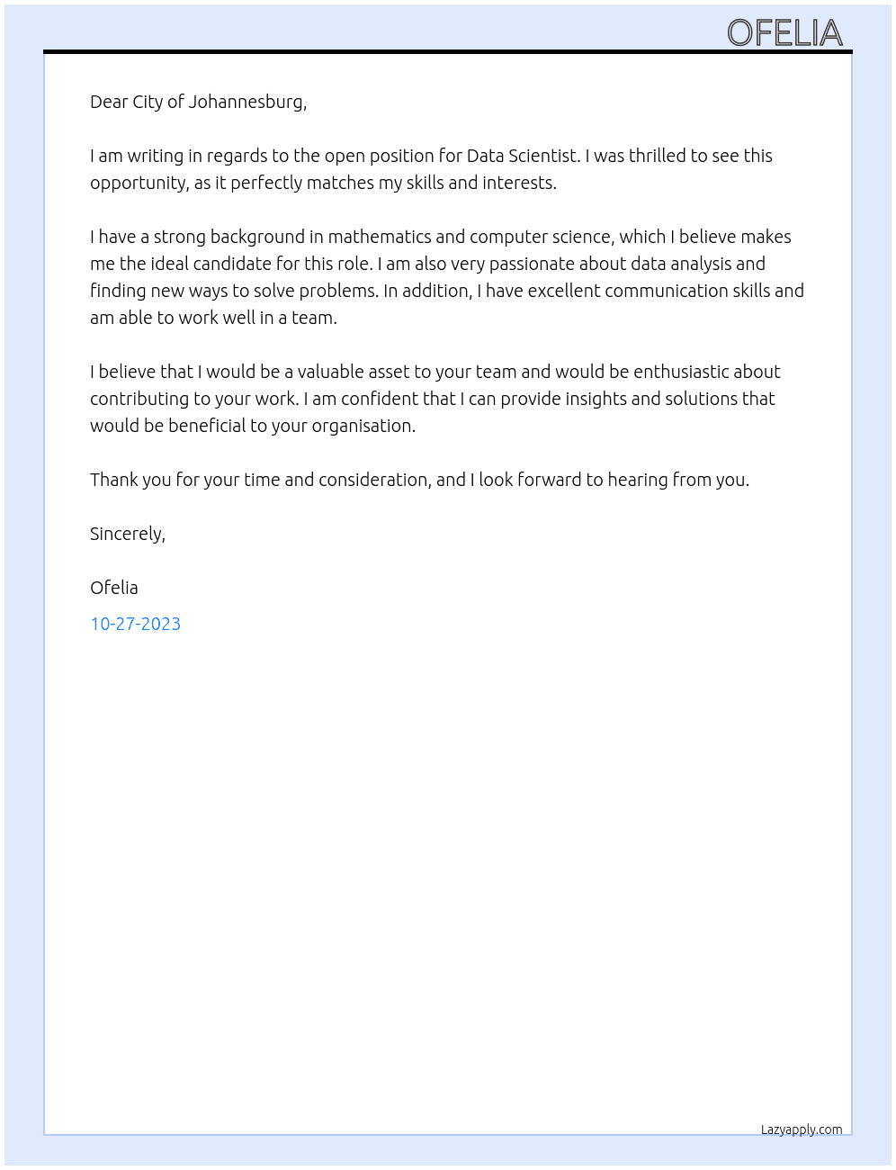 Data Scientist  At CoJ Cover Letter