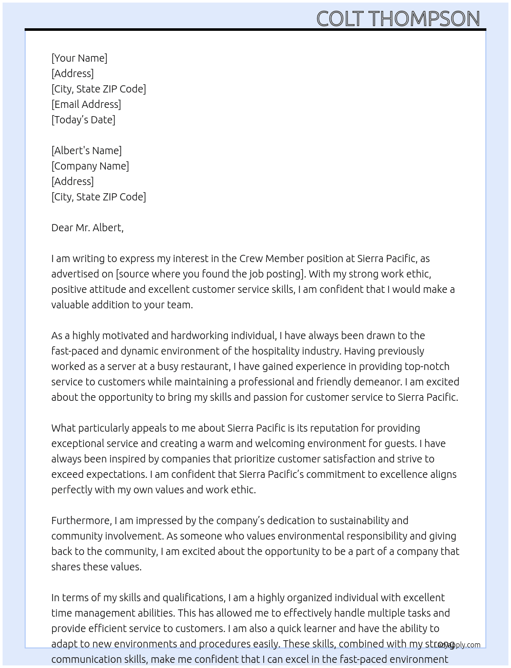 Crew member At Sierra pacific Cover Letter