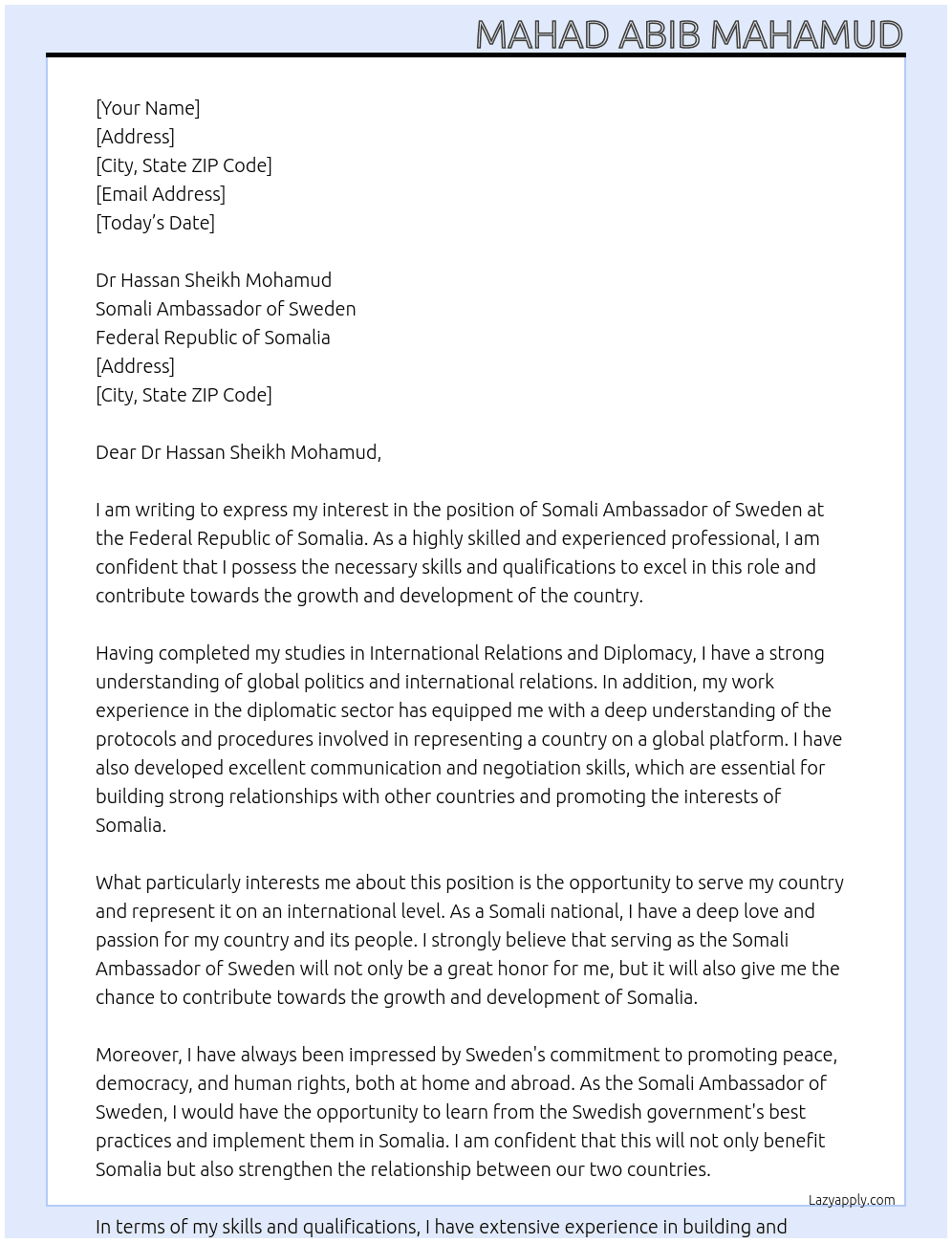 Somali Ambassador of Sweden  At  Federal Republic of Somalia Cover Letter