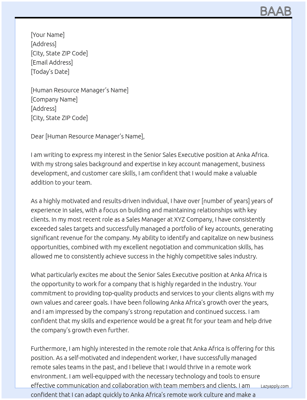 Senior sales executive  At Anka Africa Cover Letter