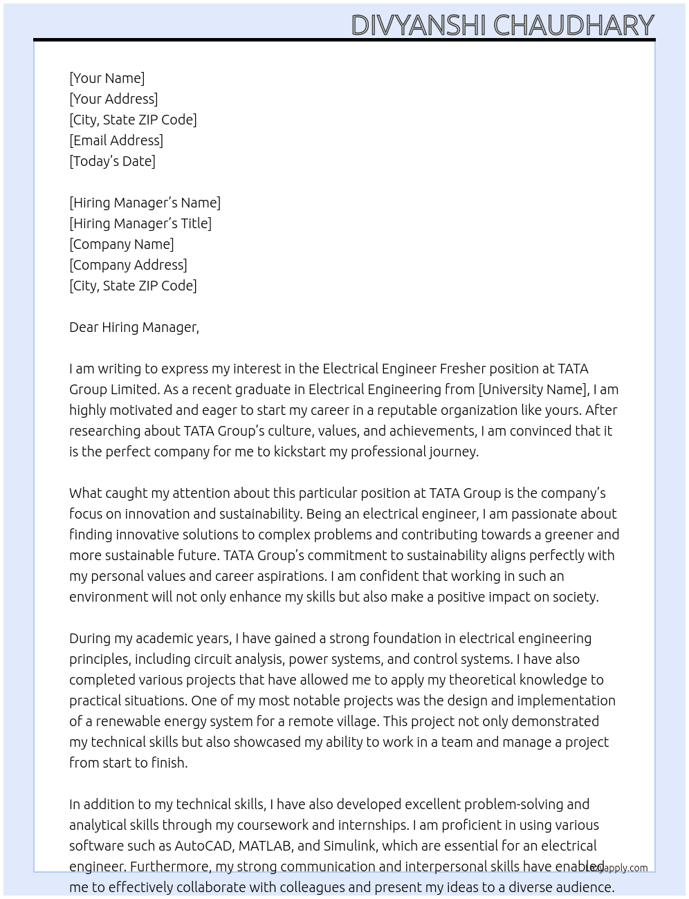 ELECTRICAL ENGINEER FRESHER At TATA GROUP LIMITED Cover Letter