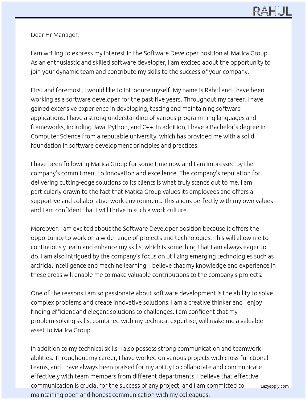 Software Developer At Matica Group Cover Letter