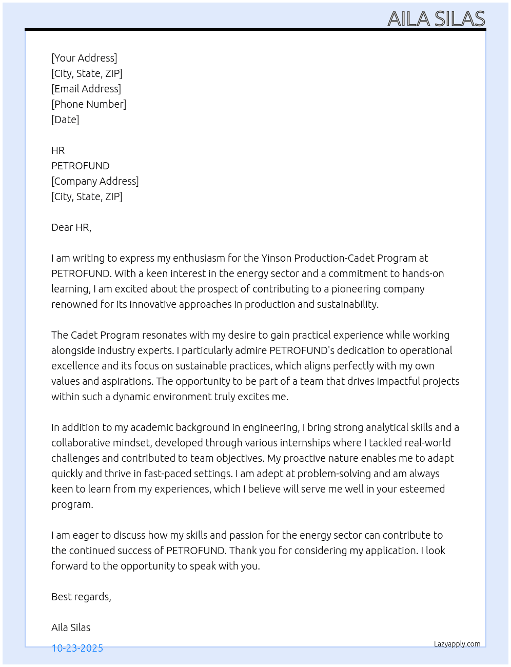 Yinson Production-Cadet Program At PETROFUND Cover Letter