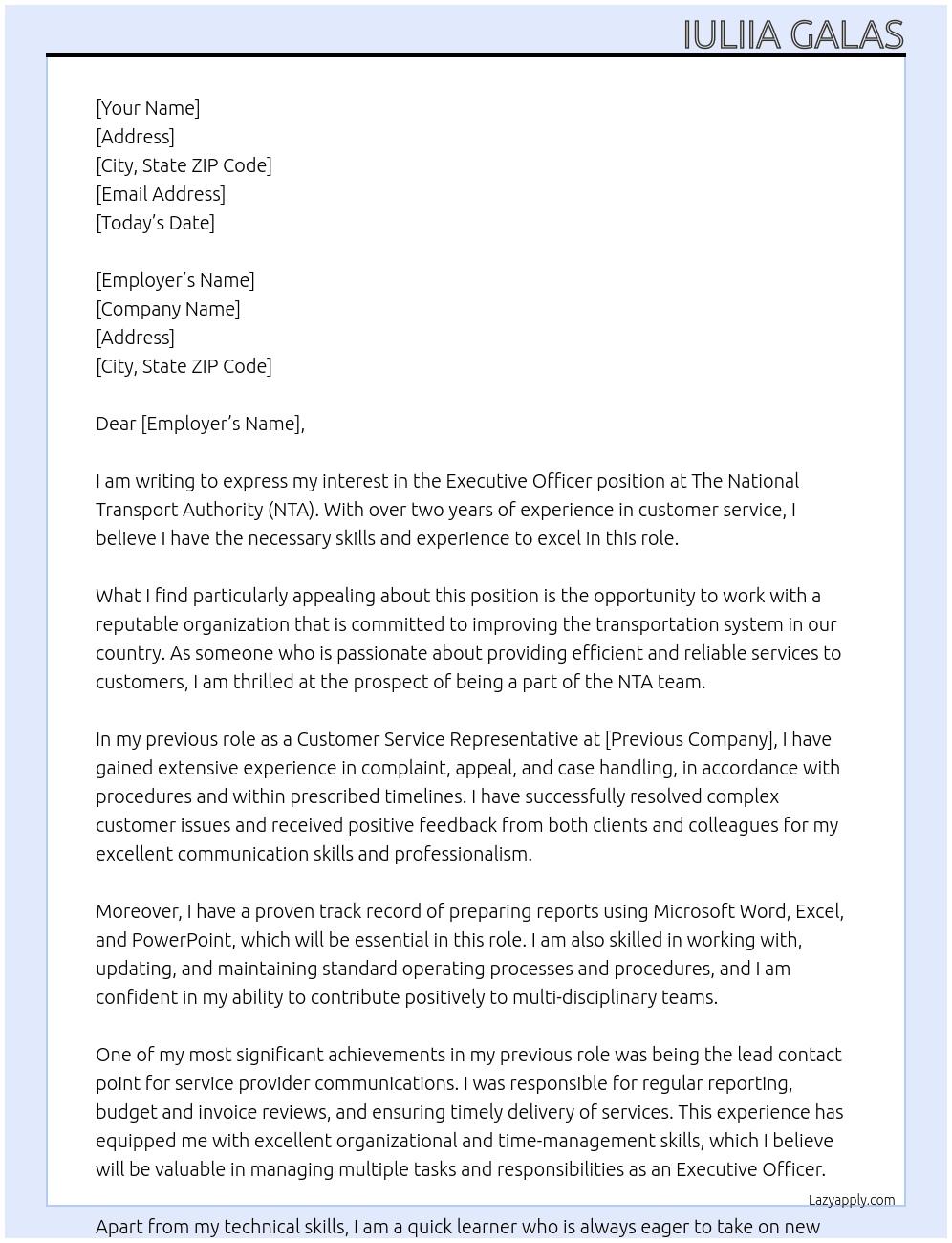 Executive Officer  At The National Transport Authority (NTA) Cover Letter