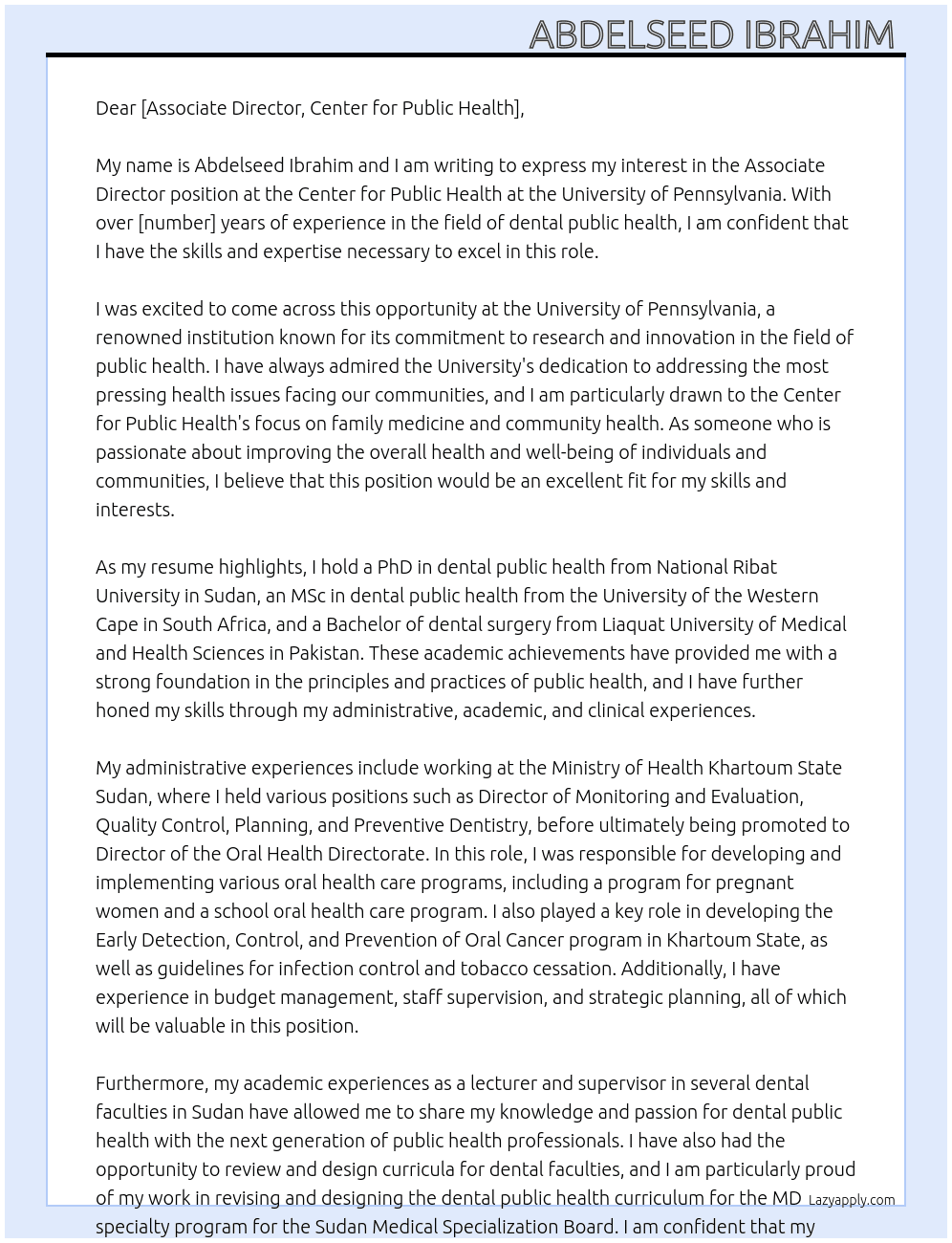 Associate Director, Center for Public Health (Family Medicine and Community Health) At University of Pennsylvania  Cover Letter