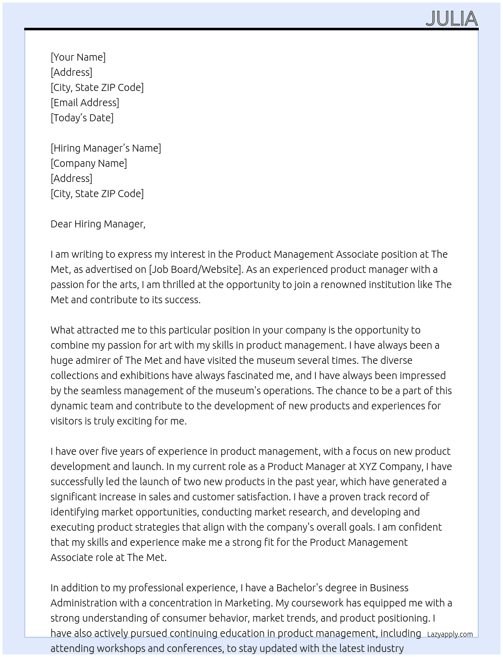 Product Management Associate At The Met Cover Letter
