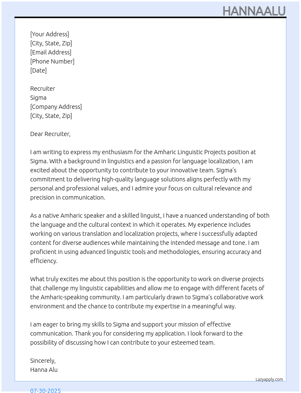 Amharic linguistic projects At Sigma Cover Letter