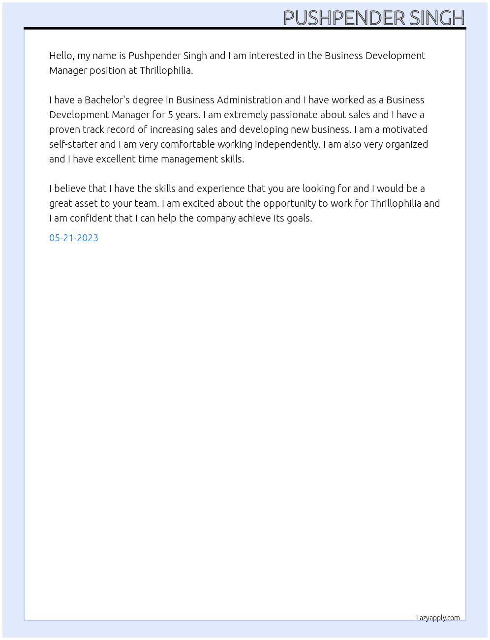 business development manager At thrillophlia Cover Letter