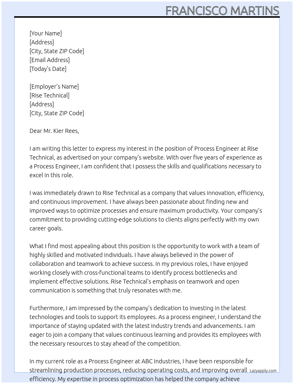 Process Engineer At Rise Technical Cover Letter