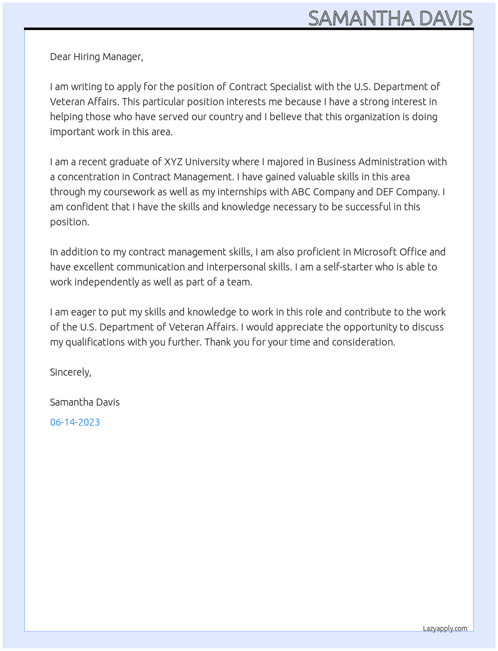 Contract Specialist At U.S. Department of Veteran Affairs Cover Letter