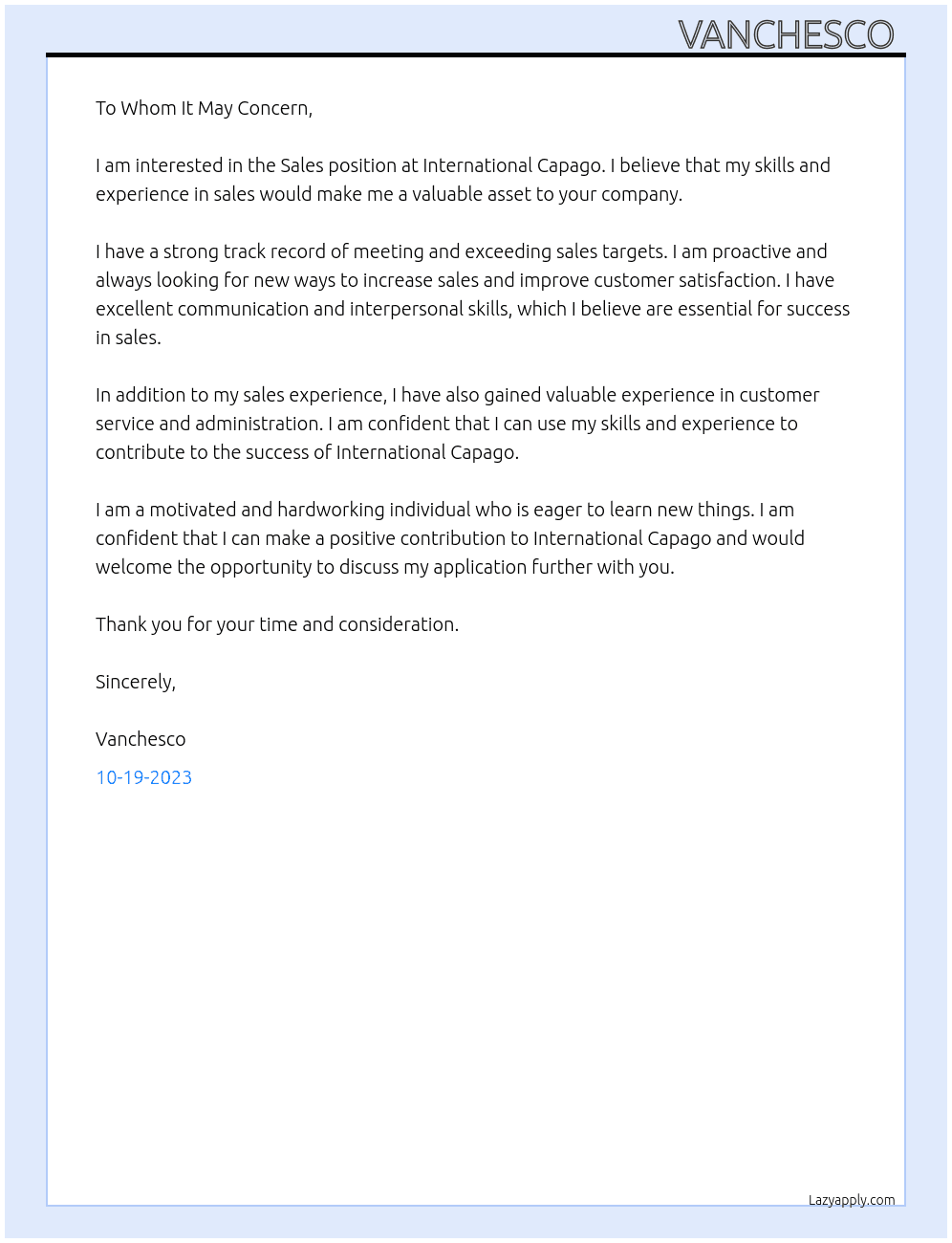 Sales person  At International capago  Cover Letter