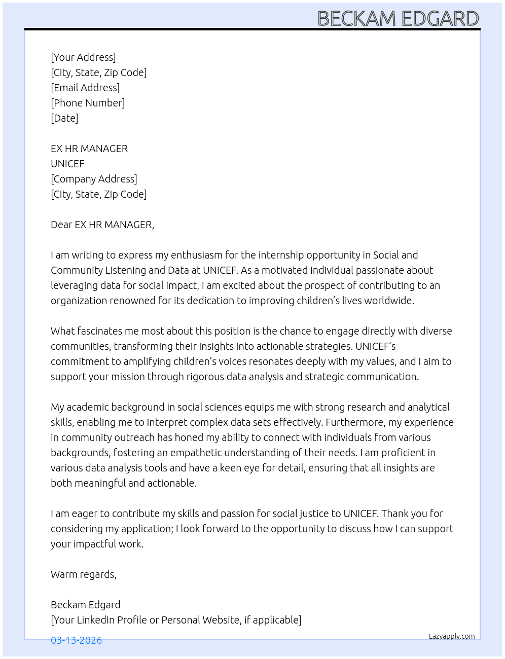 Cover letter for internship for social and comunity listening and data - LazyApply
