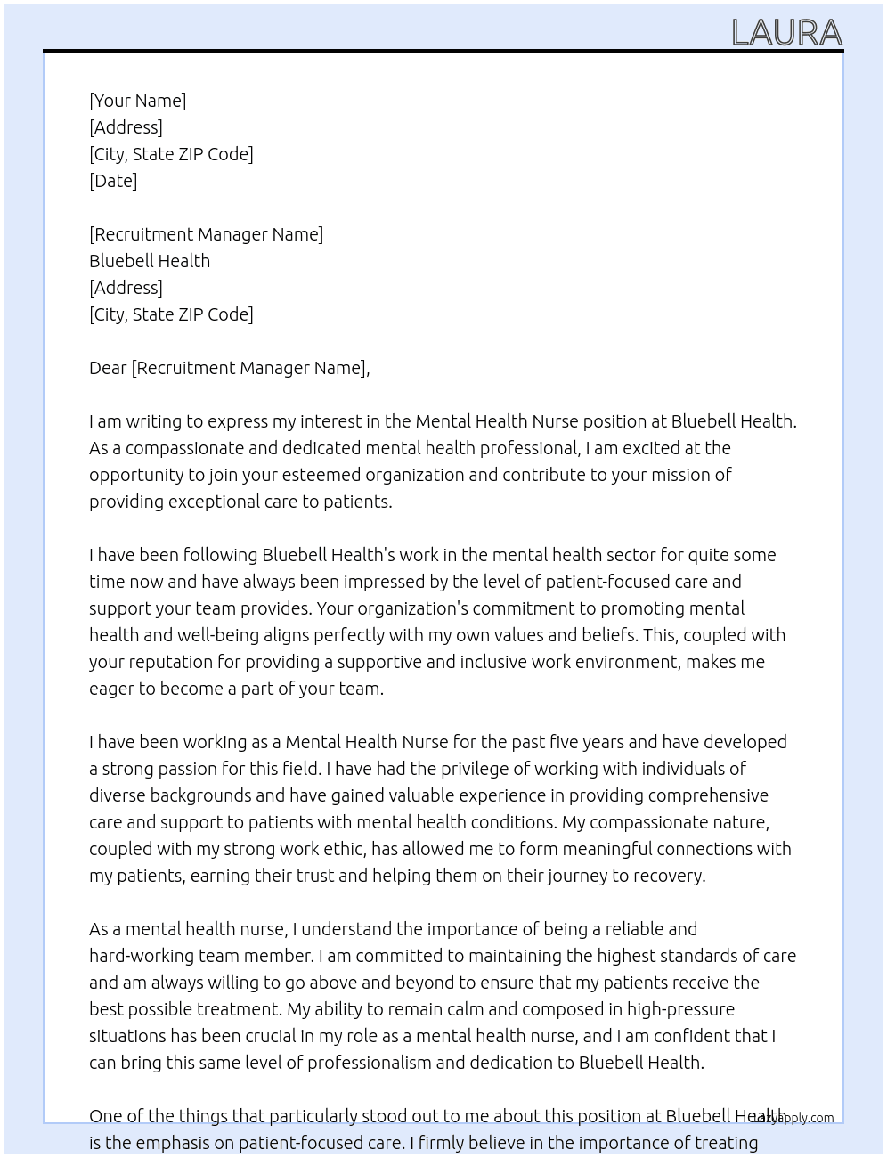 Mental health nurse  At Bluebell health  Cover Letter