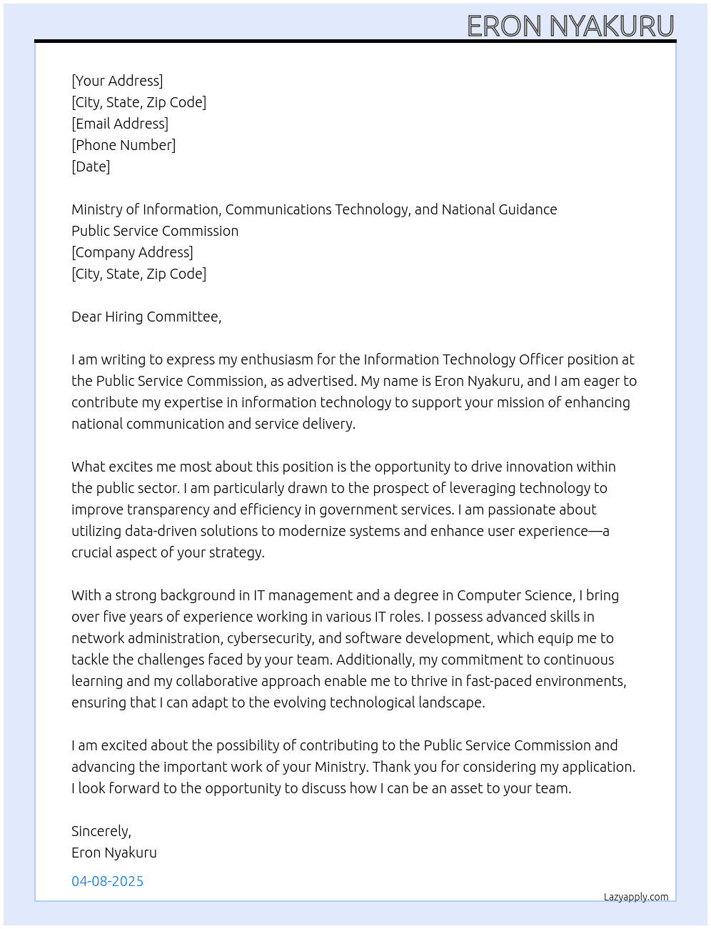 Cover letter for information technology officer - LazyApply