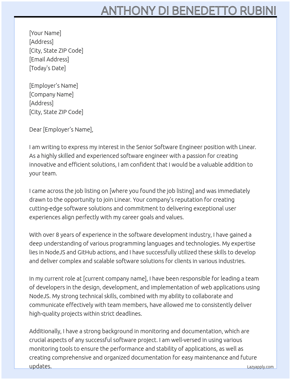 Senior Software engineer  At Linear Cover Letter