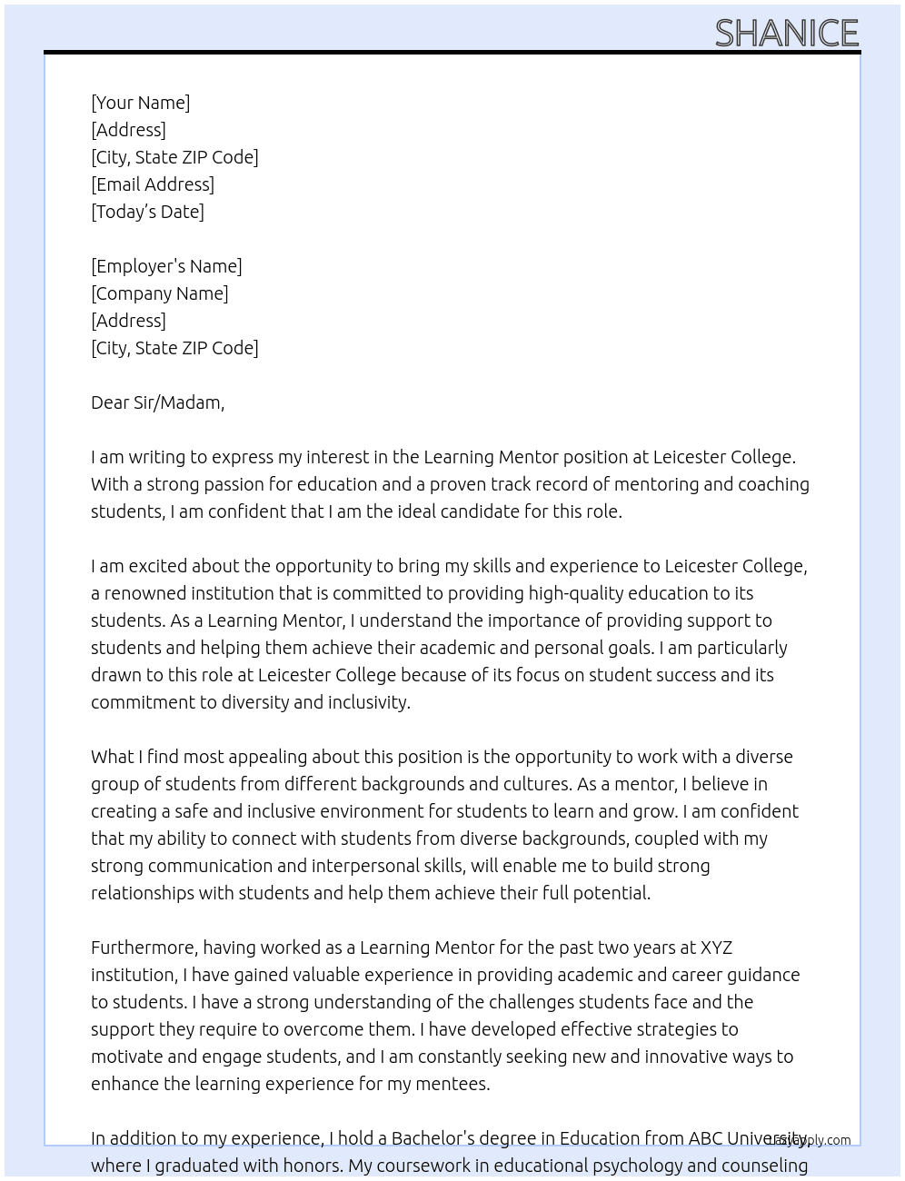 Learning Mentor At Leicester College Cover Letter
