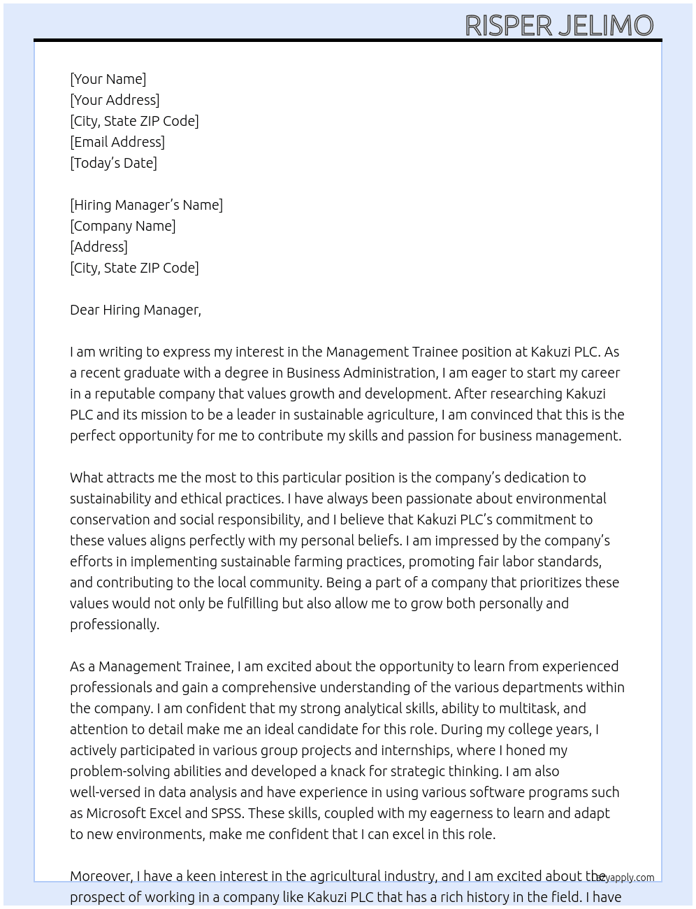 Management Trainee At Kakuzi PLC Cover Letter