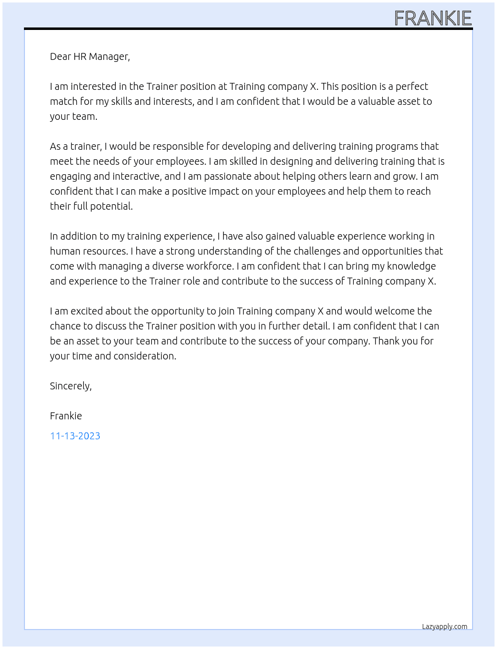 Trainer At Training company X Cover Letter