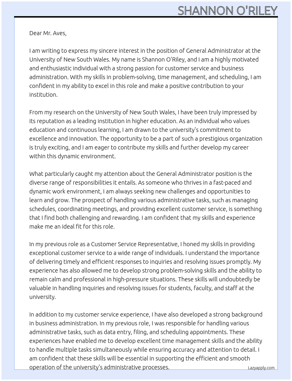 General Administrator At Universirty of New South Wales Cover Letter