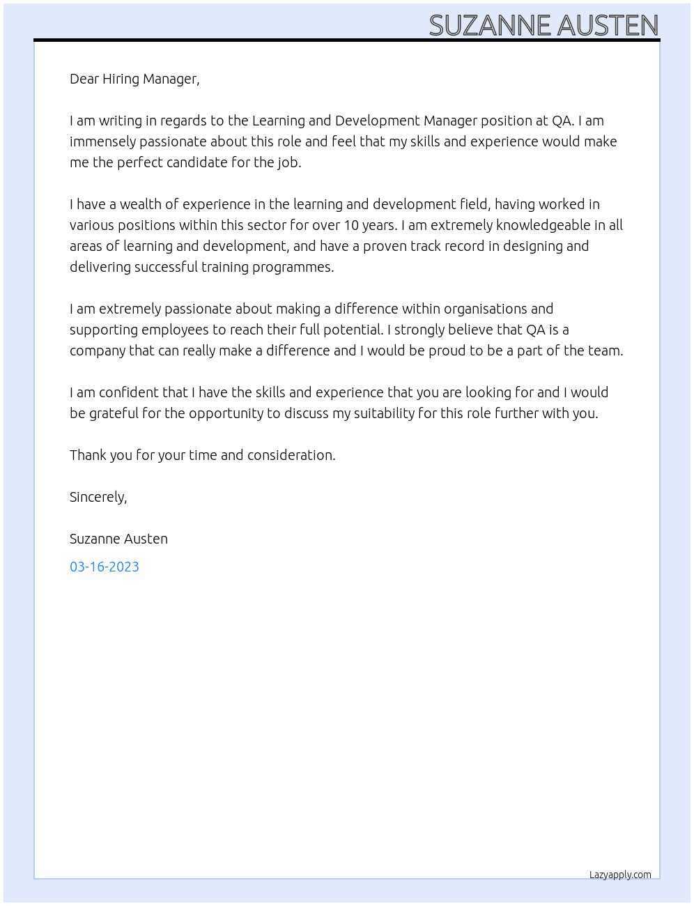 Learning and development manager At QA Cover Letter