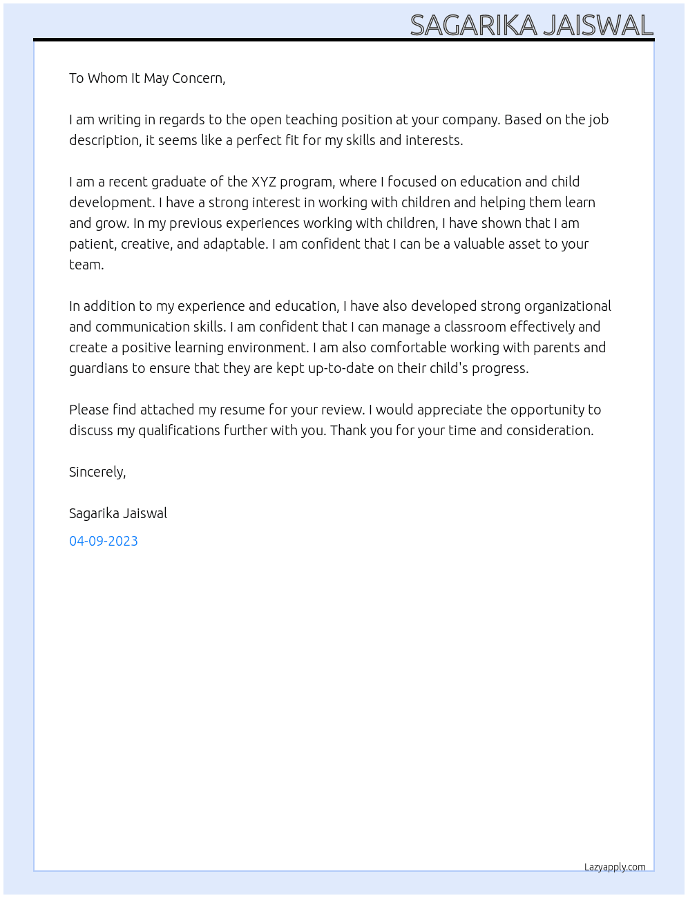 Teaching job At As a fresher Cover Letter