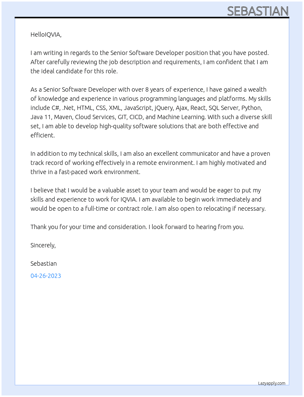 Senior Software Developer At IQVIA Cover Letter