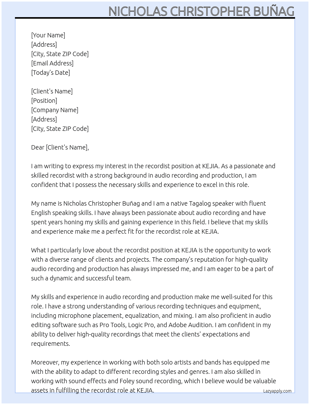 recordist At KEJIA Cover Letter