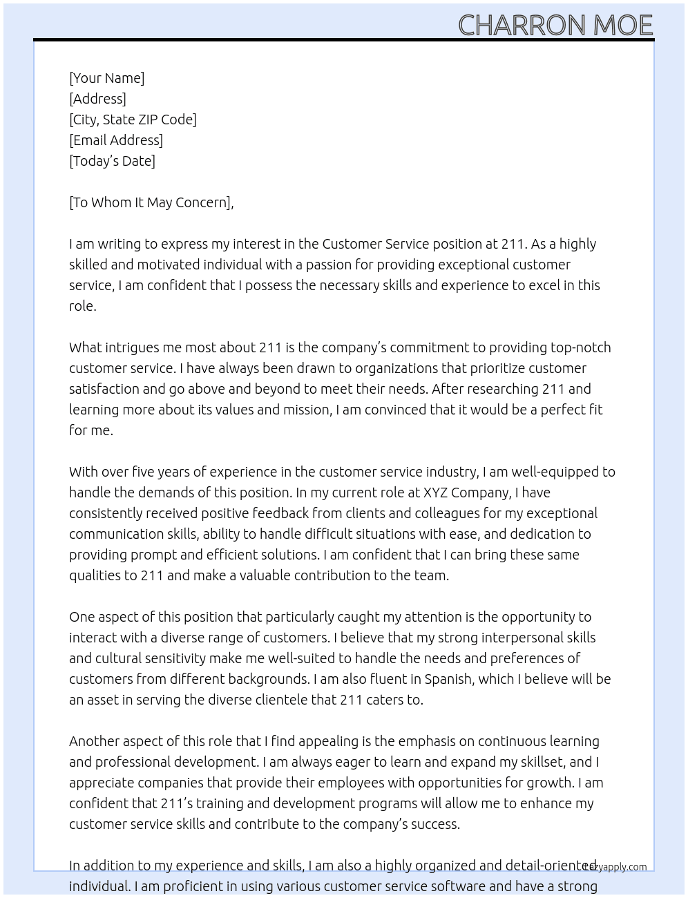 Customer service  At 211  Cover Letter