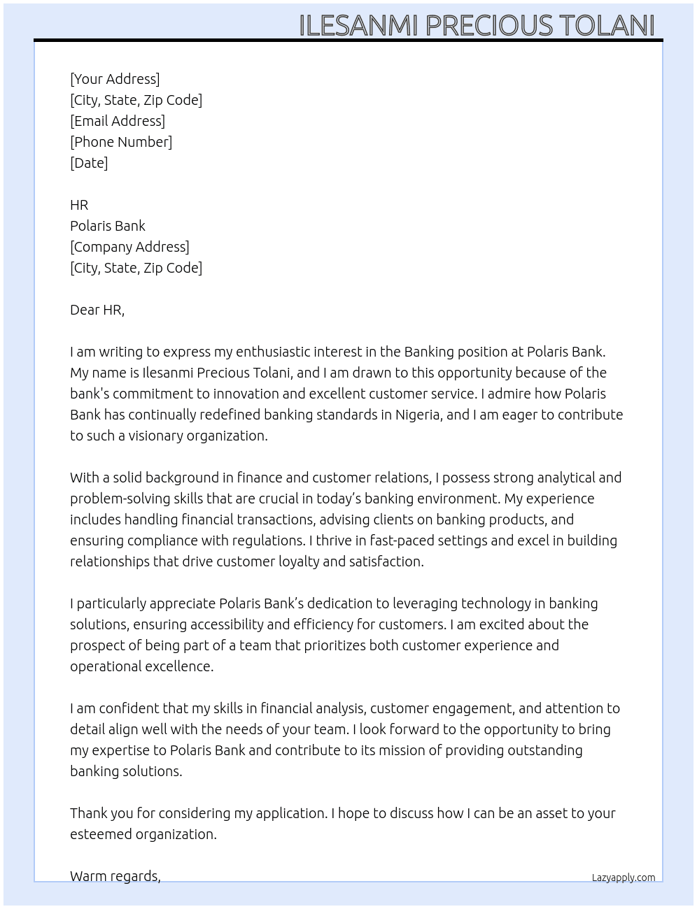 Banking  At Polaris bank  Cover Letter